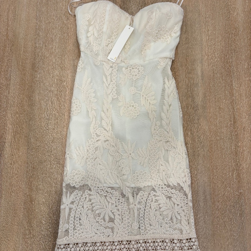 Line & Dot Ivory Lace Strapless Lace Midi Dress XS NWT Boho Bridal